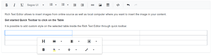 Blazor RichTextEditor table quick toolbar